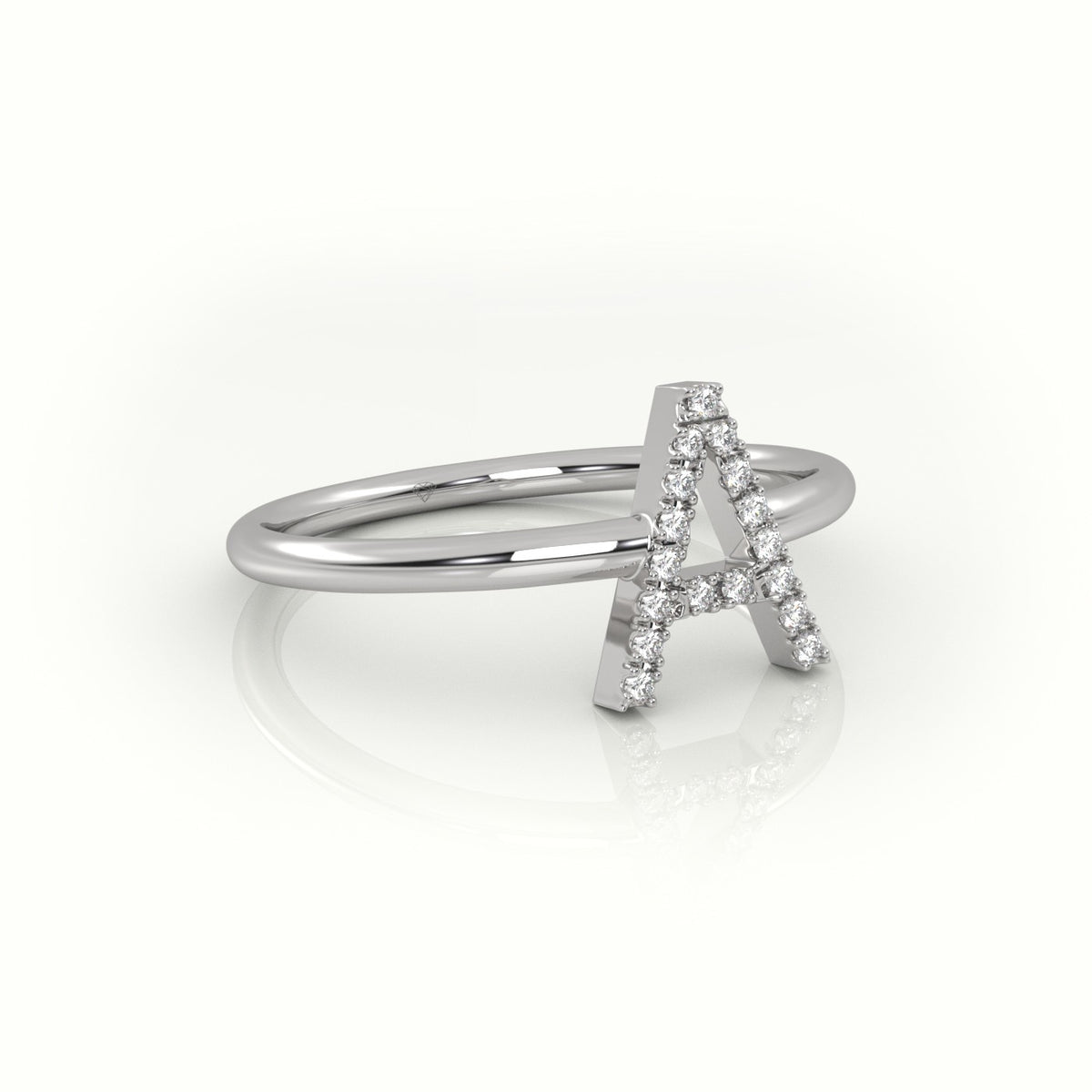 Round Cut Diamonds “A” Initials Monogram Alphabet Ring — White Gold