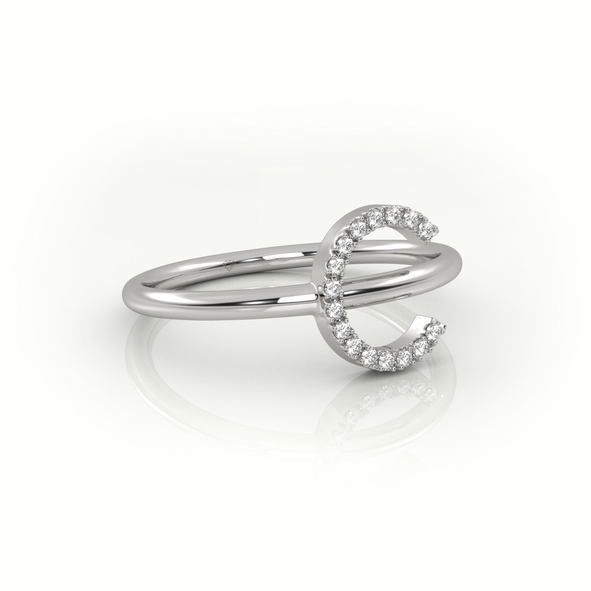 Round Cut Diamonds “C” Initials Monogram Alphabet Ring — White Gold