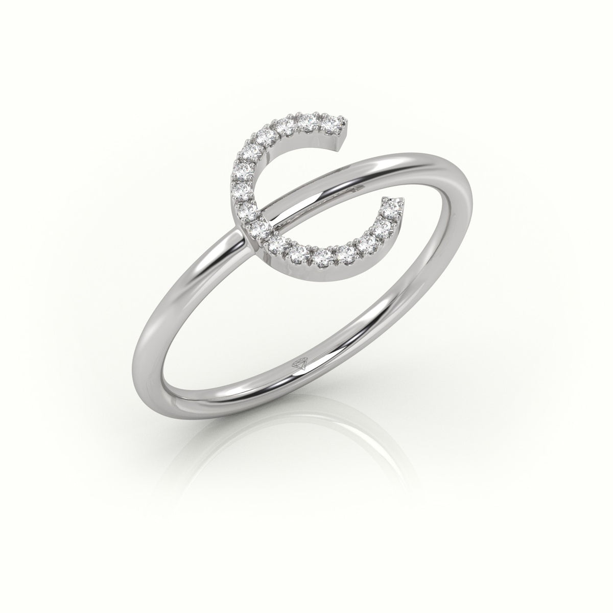 Round Cut Diamonds “C” Initials Monogram Alphabet Ring — White Gold