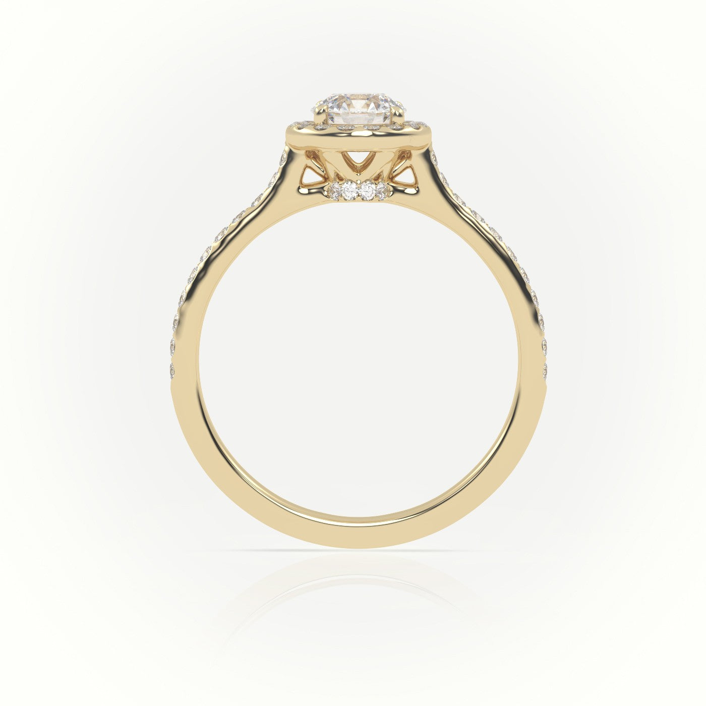 Round-Cut Diamond 4 Prongs Halo Pave Setting Engagement Ring — Yellow Gold