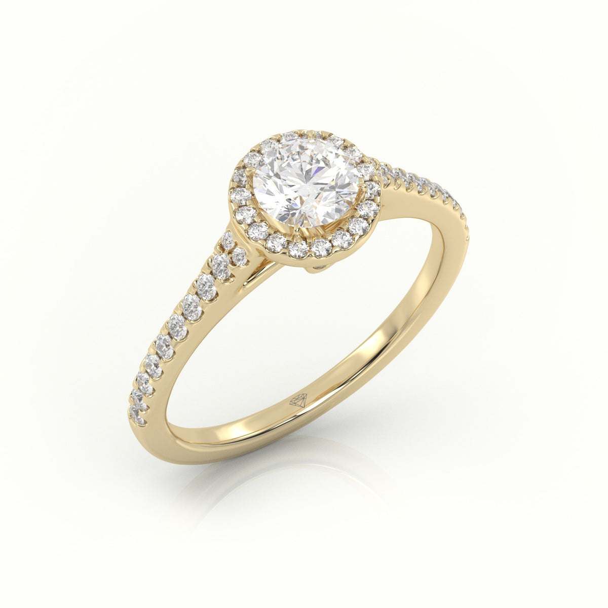 Round Cut Diamond Halo Scallop Setting Engagement Ring — Yellow Gold