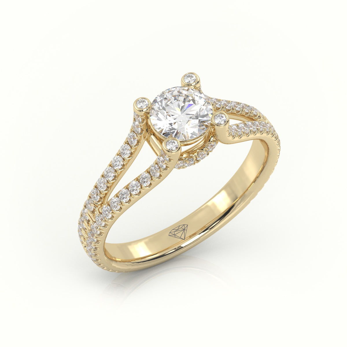 Round Cut Diamond Designer Vintage Setting Engagement Ring — Yellow Gold