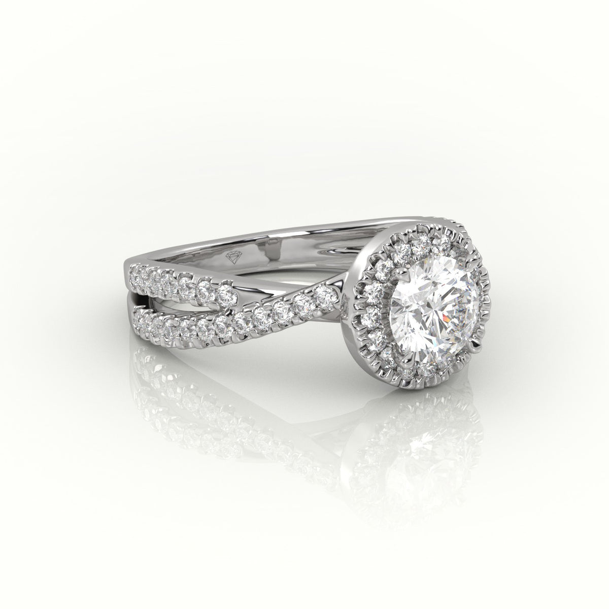 Round Cut Diamond 4 Prongs Scallop Setting Designer Engagement Ring — White Gold