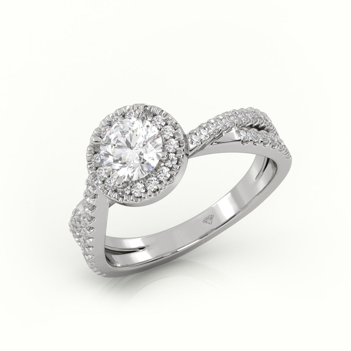 Round Cut Diamond 4 Prongs Scallop Setting Designer Engagement Ring — White Gold