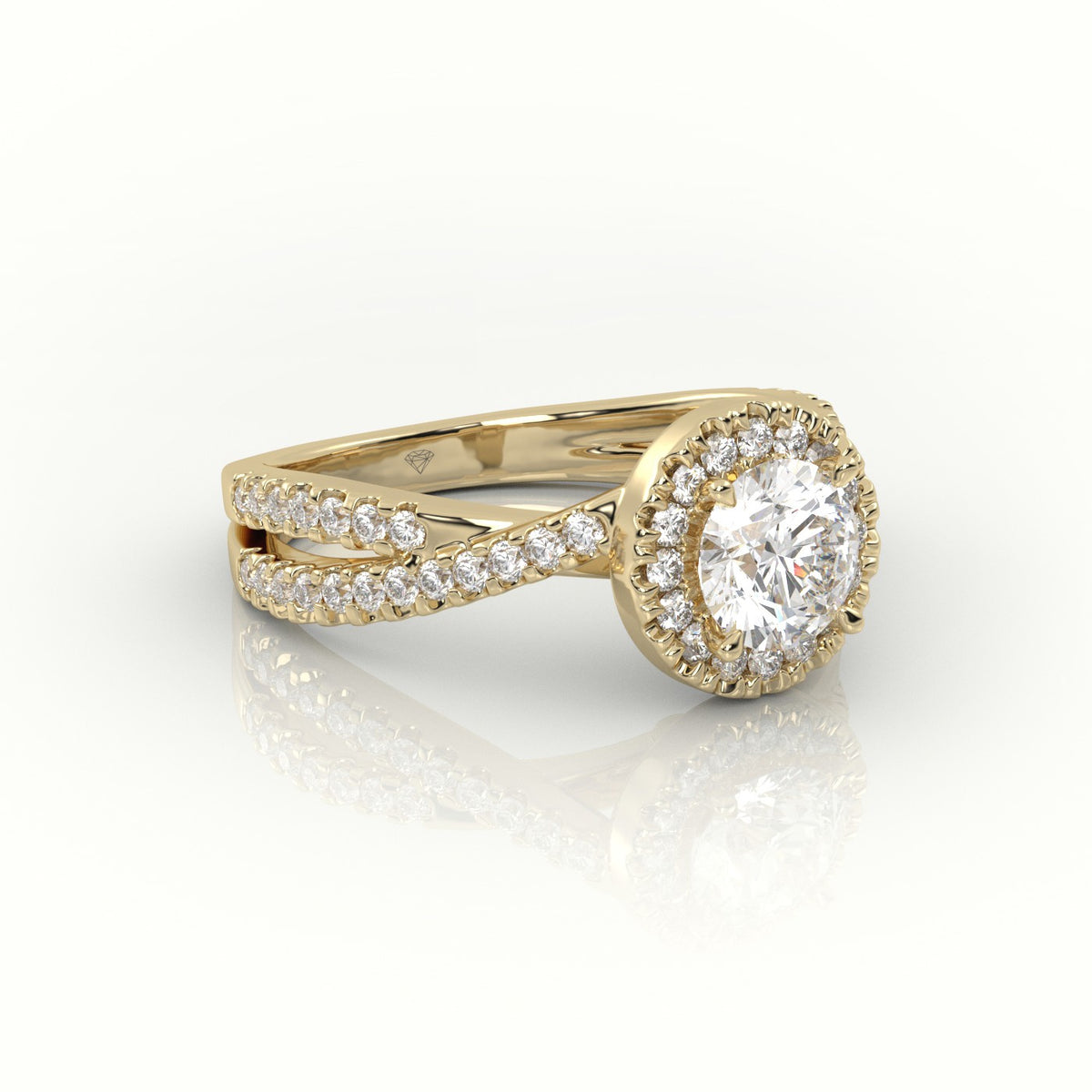 Round Cut Diamond 4 Prongs Scallop Setting Designer Engagement Ring — Yellow Gold