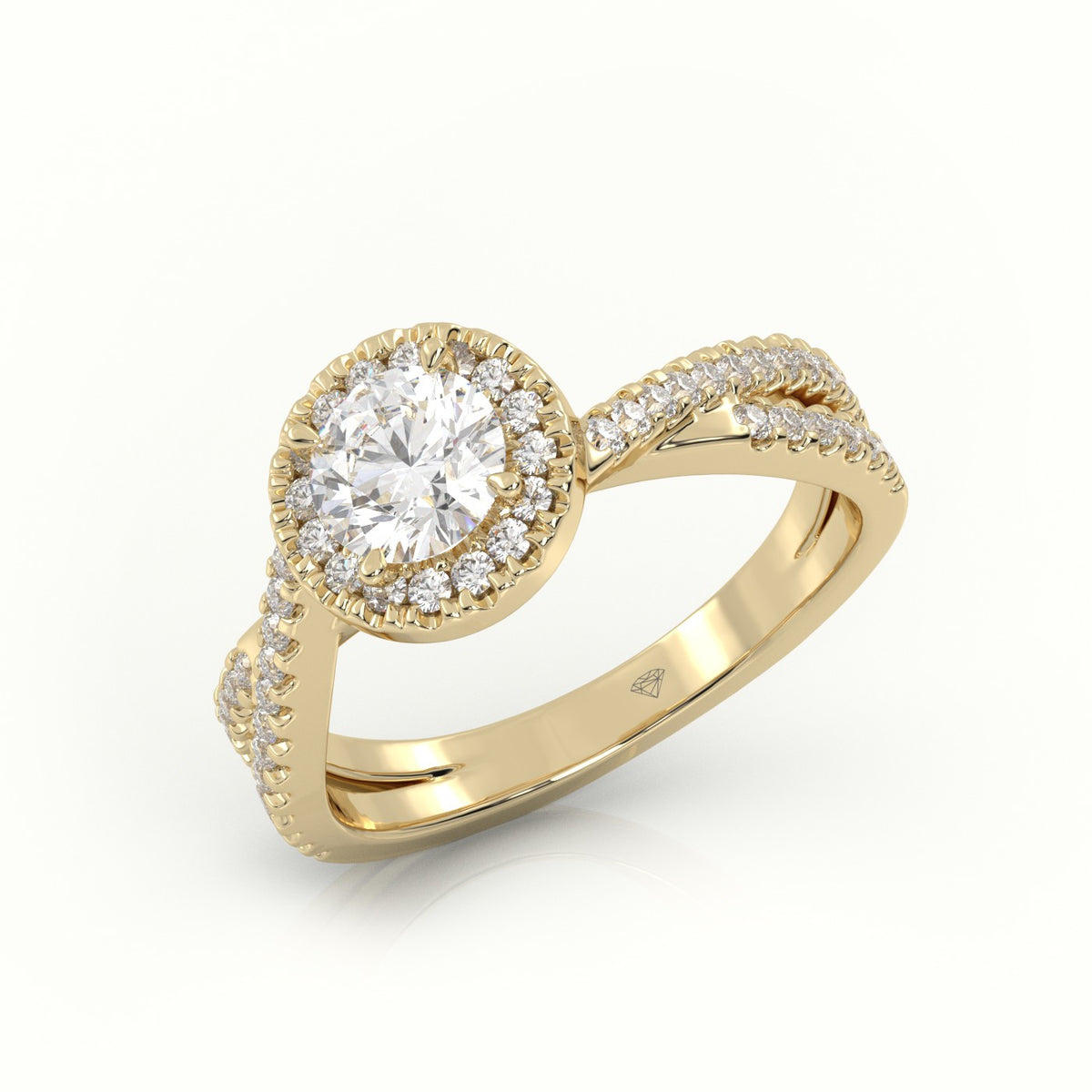 Round Cut Diamond 4 Prongs Scallop Setting Designer Engagement Ring — Yellow Gold