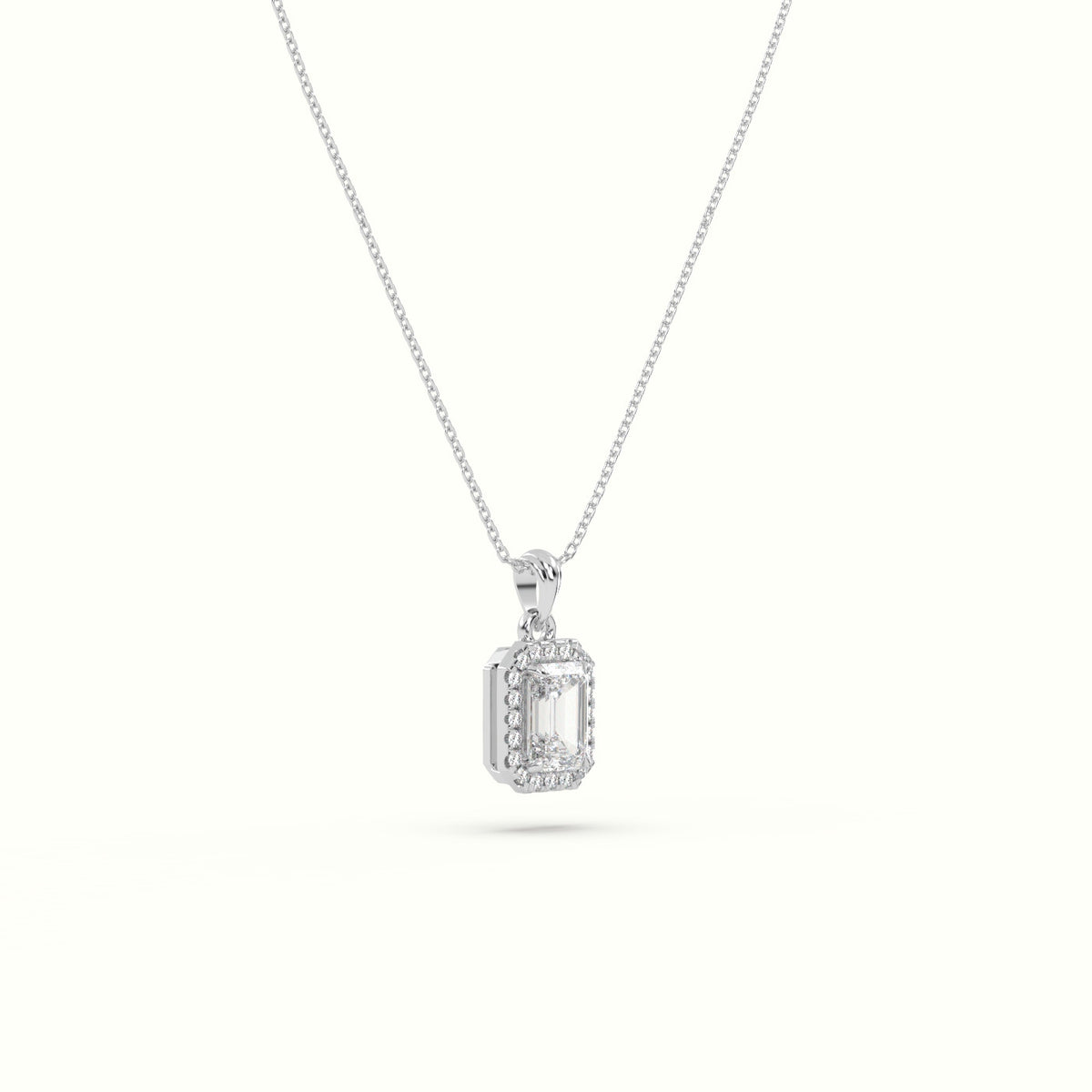 Emerald Cut Solitaire Halo Diamond Pendant — White Gold