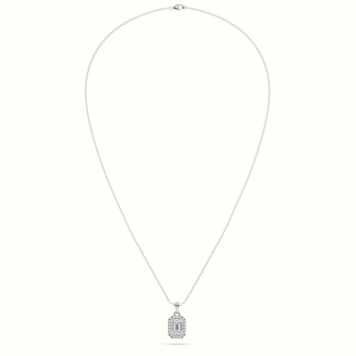Emerald Cut Solitaire Halo Diamond Pendant — White Gold