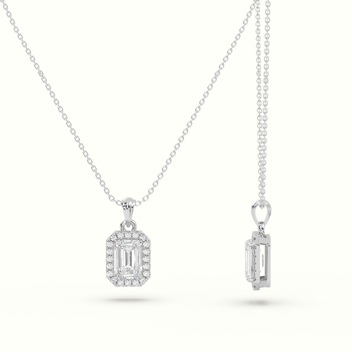 Emerald Cut Solitaire Halo Diamond Pendant — White Gold