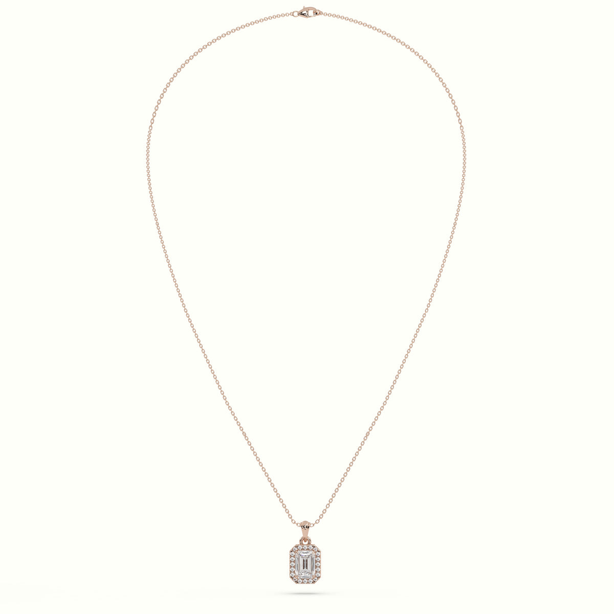 Emerald Cut Solitaire Halo Diamond Pendant — Rose Gold