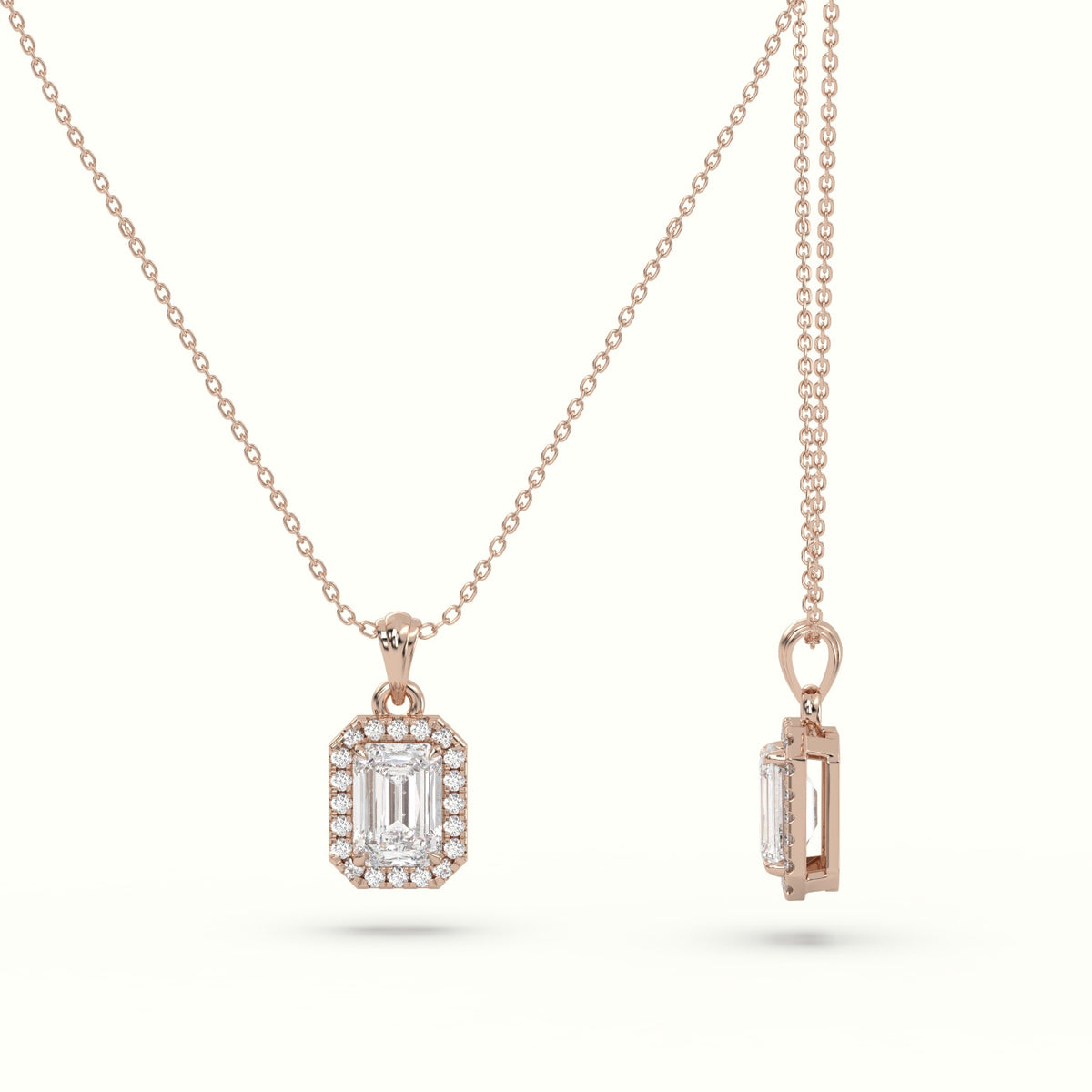 Emerald Cut Solitaire Halo Diamond Pendant — Rose Gold