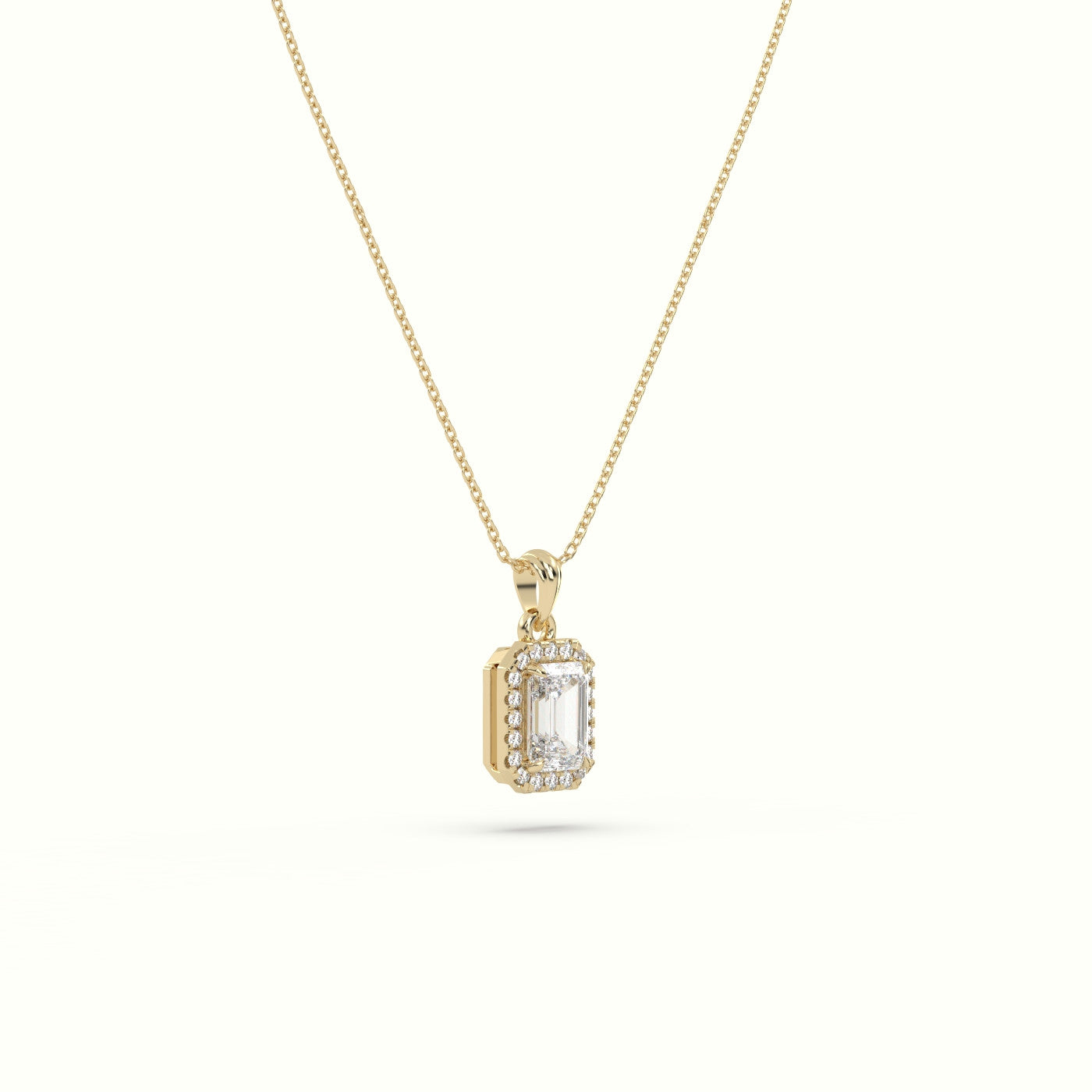 Emerald Cut Solitaire Halo Diamond Pendant — Yellow Gold