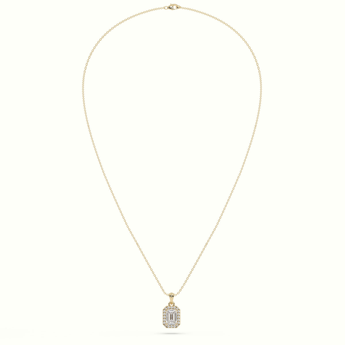 Emerald Cut Solitaire Halo Diamond Pendant — Yellow Gold