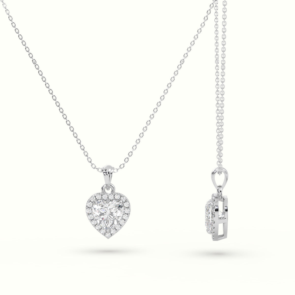 Heart Cut Solitaire Halo Diamond Pendant — White Gold