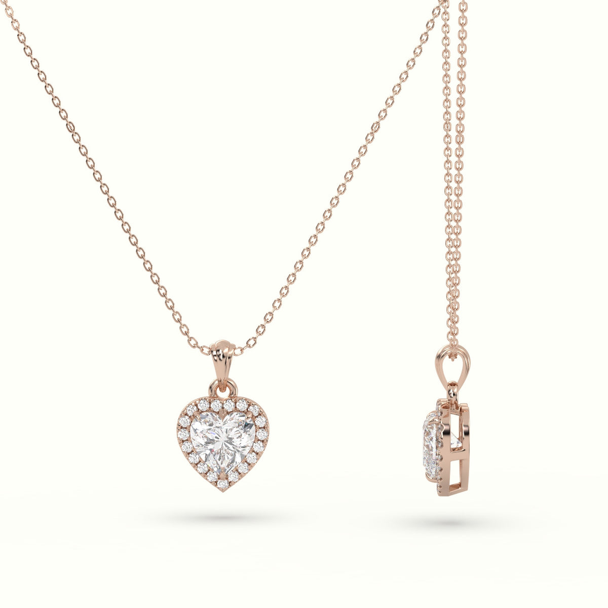Heart Cut Solitaire Halo Diamond Pendant — Rose Gold