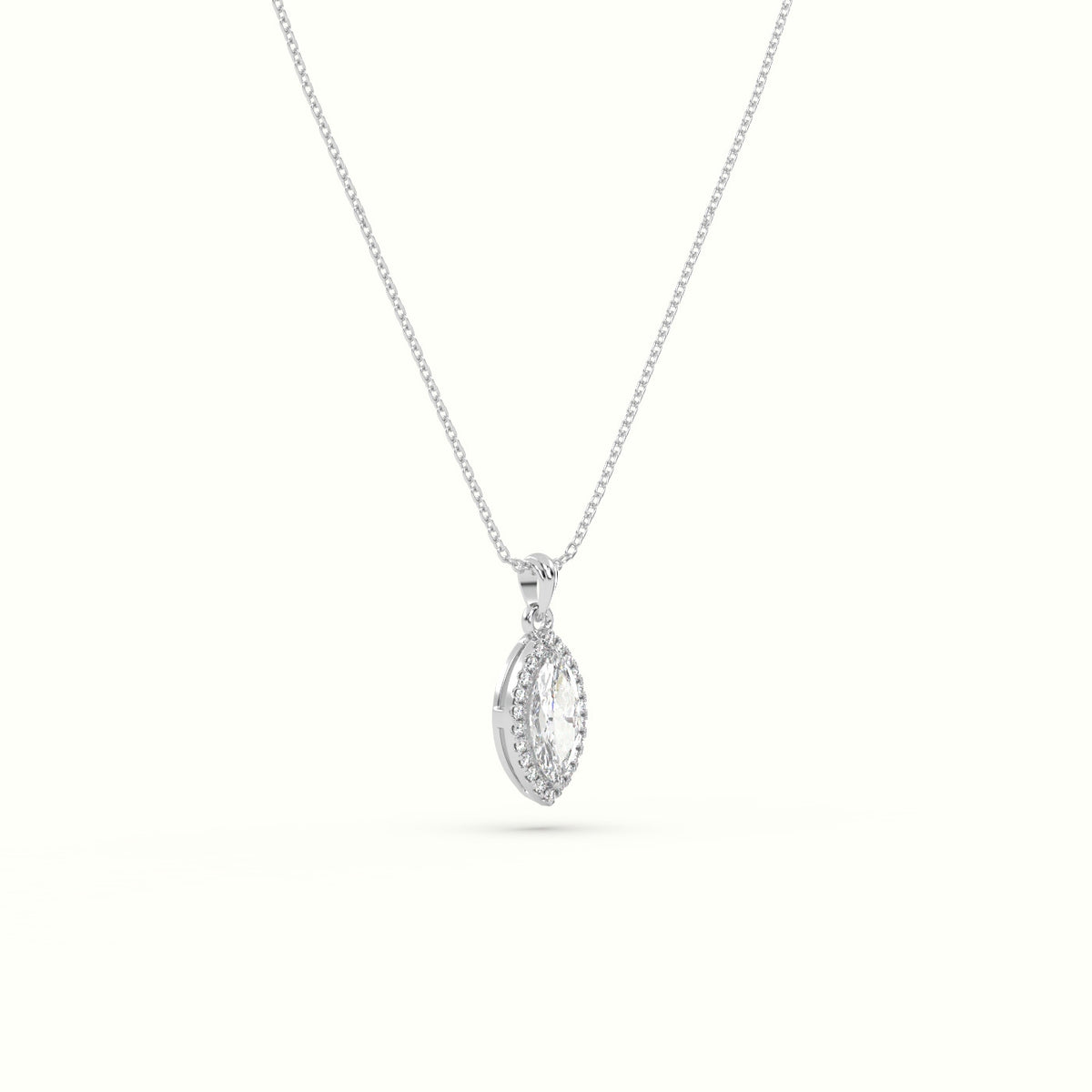 Marquise Cut Solitaire Halo Diamond Pendant — White Gold