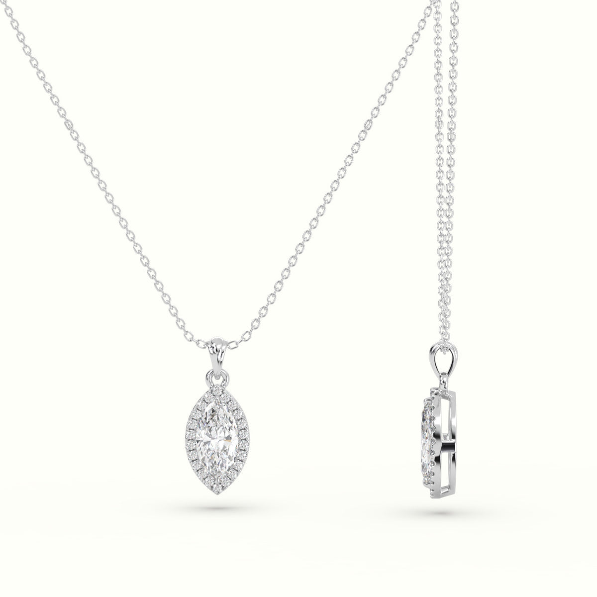 Marquise Cut Solitaire Halo Diamond Pendant — White Gold