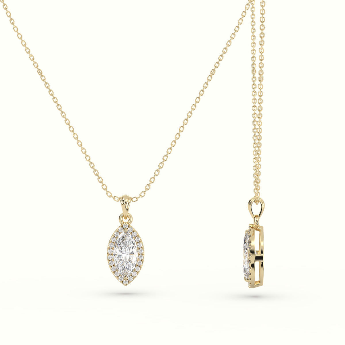 Marquise Cut Solitaire Halo Diamond Pendant — Yellow Gold