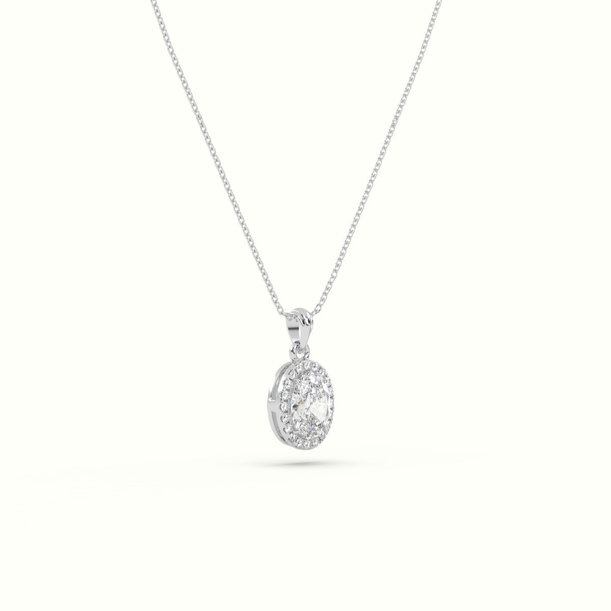 Oval Cut Solitaire Halo Diamond Pendant — White Gold