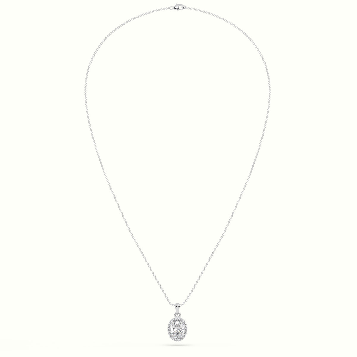Oval Cut Solitaire Halo Diamond Pendant — White Gold