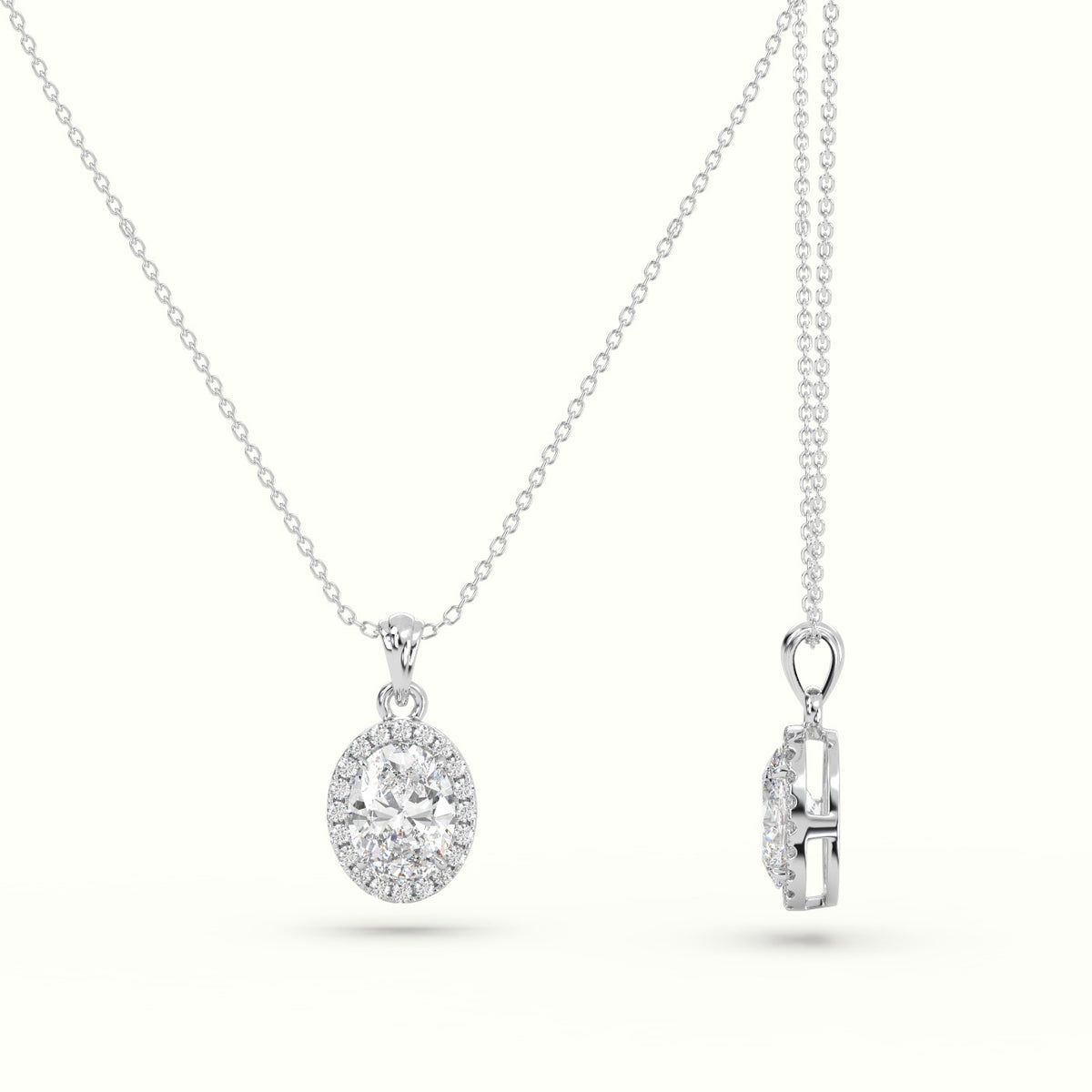 Oval Cut Solitaire Halo Diamond Pendant — White Gold