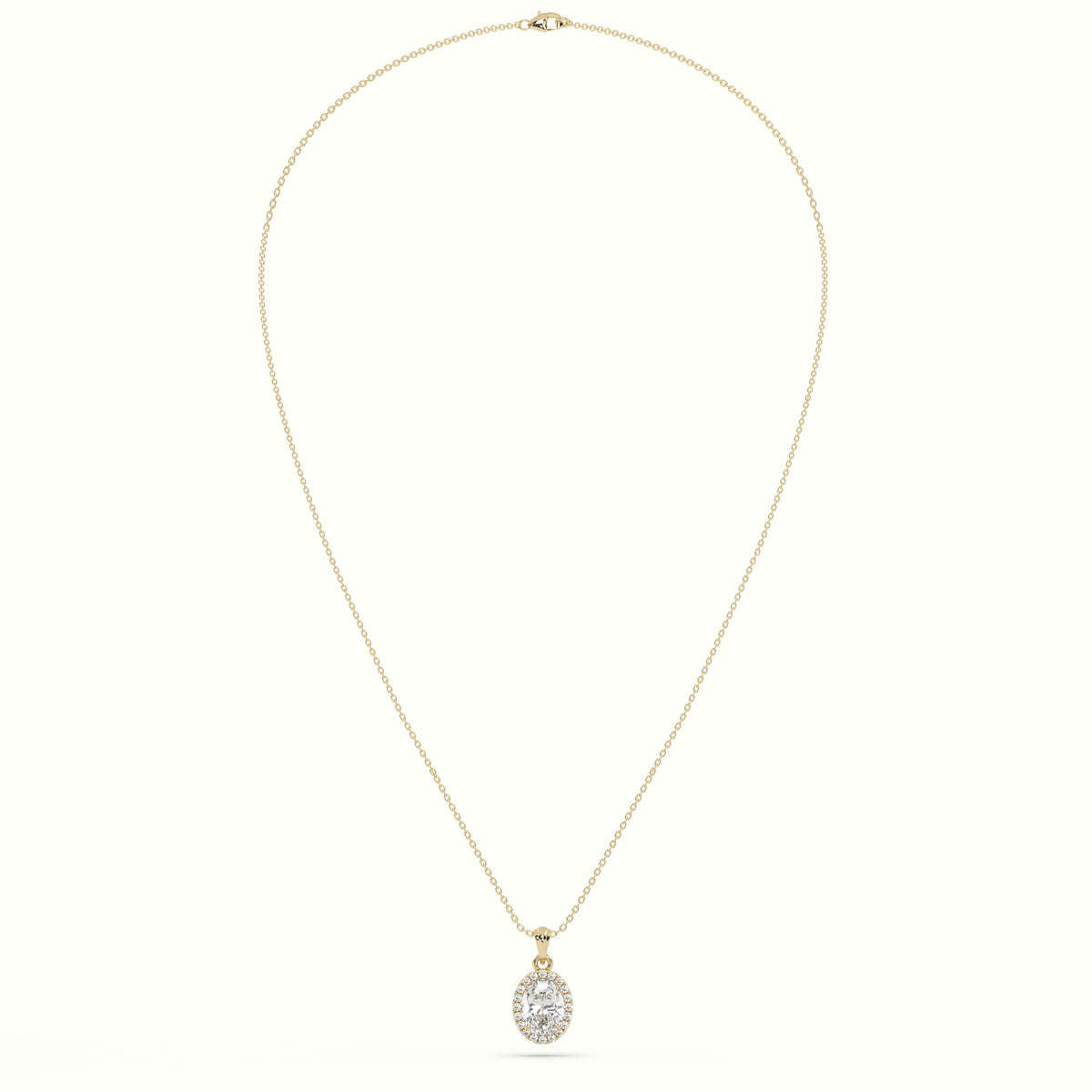 Oval Cut Solitaire Halo Diamond Pendant — Yellow Gold