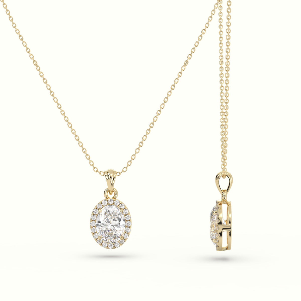 Oval Cut Solitaire Halo Diamond Pendant — Yellow Gold