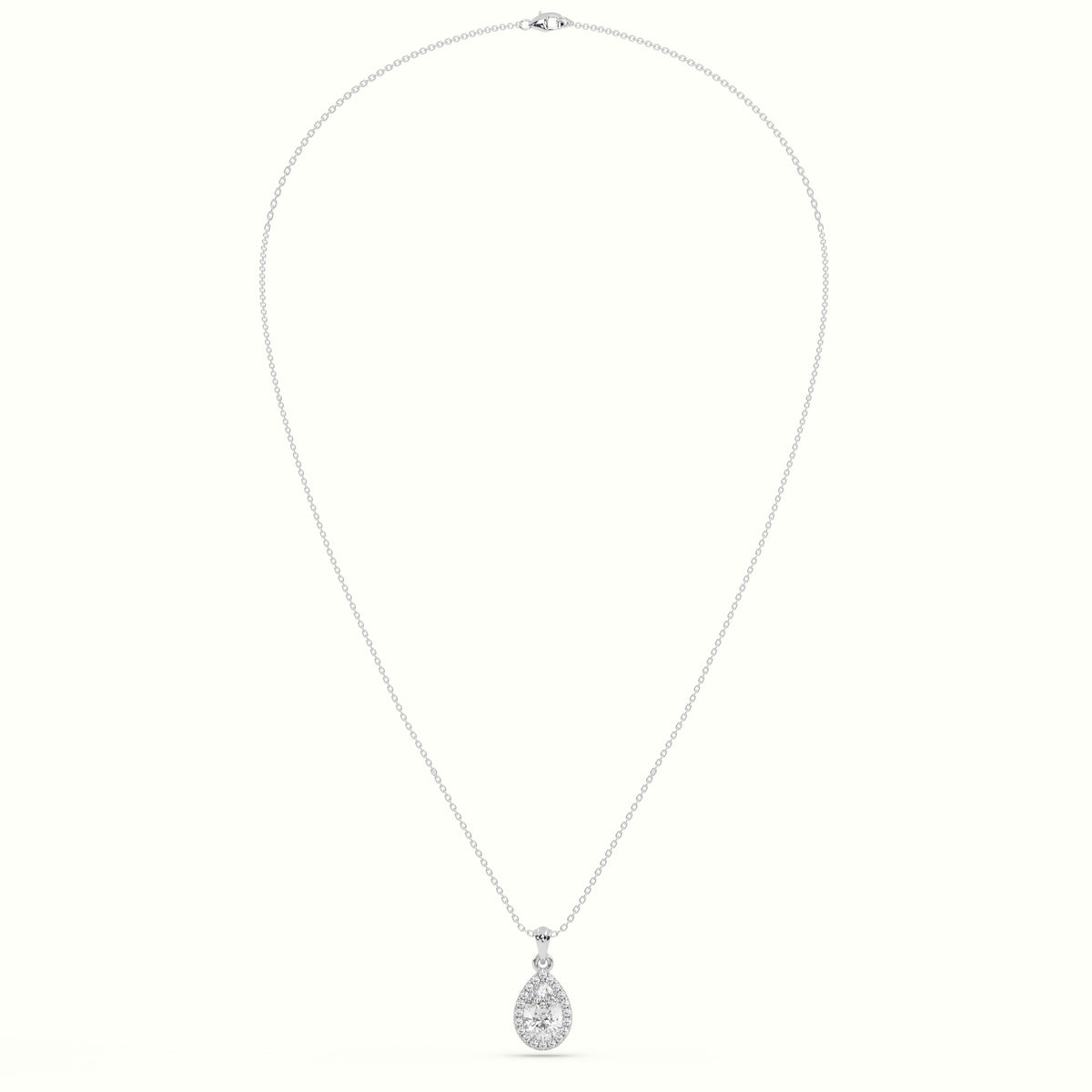 Pear Cut Solitaire Halo Diamond Pendant — White Gold