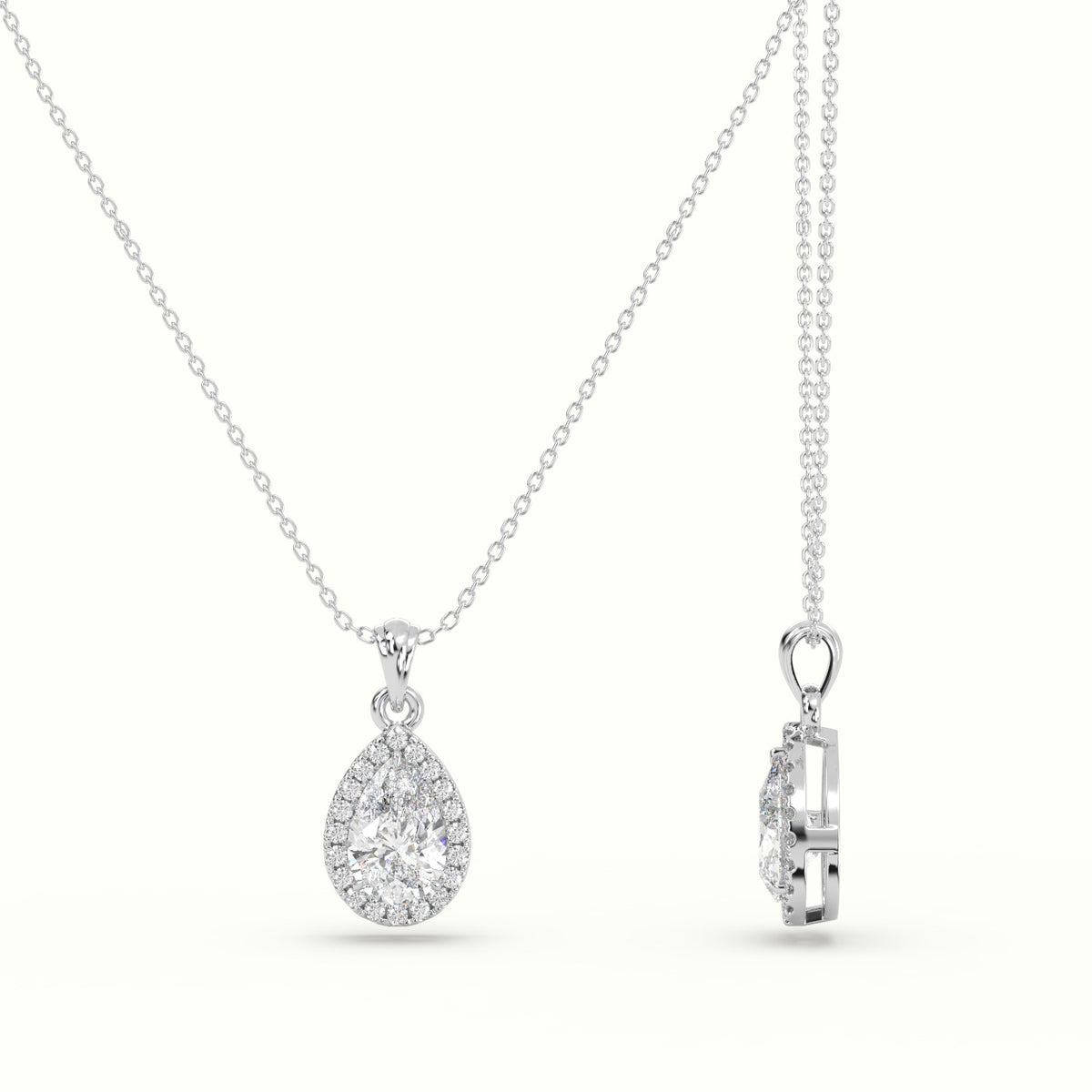 Pear Cut Solitaire Halo Diamond Pendant — White Gold