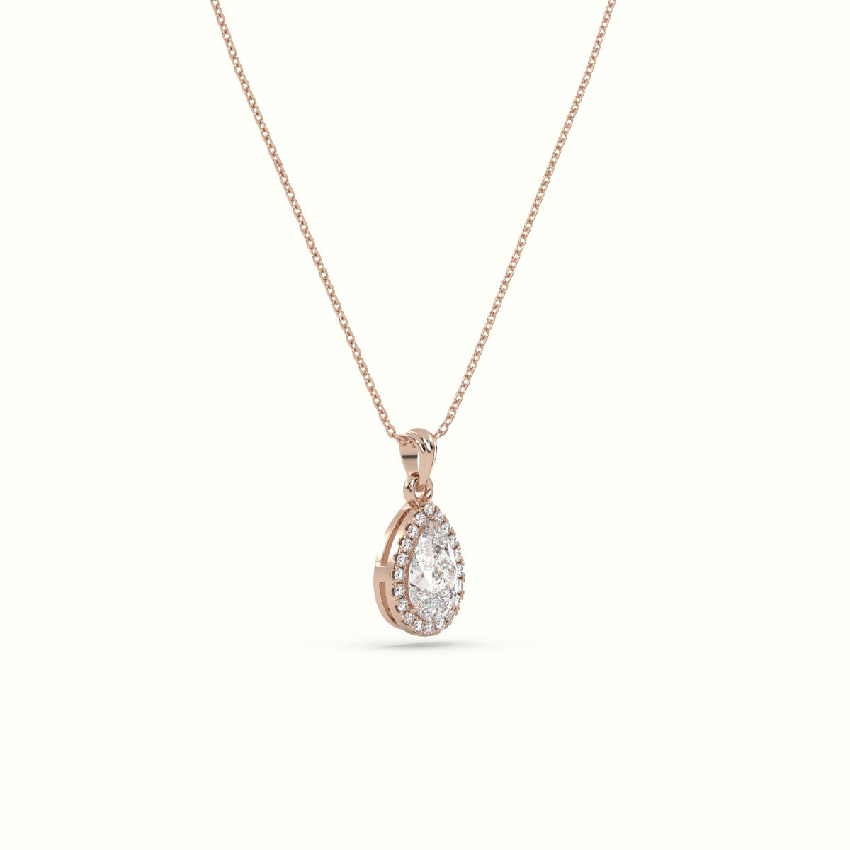 Pear Cut Solitaire Halo Diamond Pendant — Rose Gold
