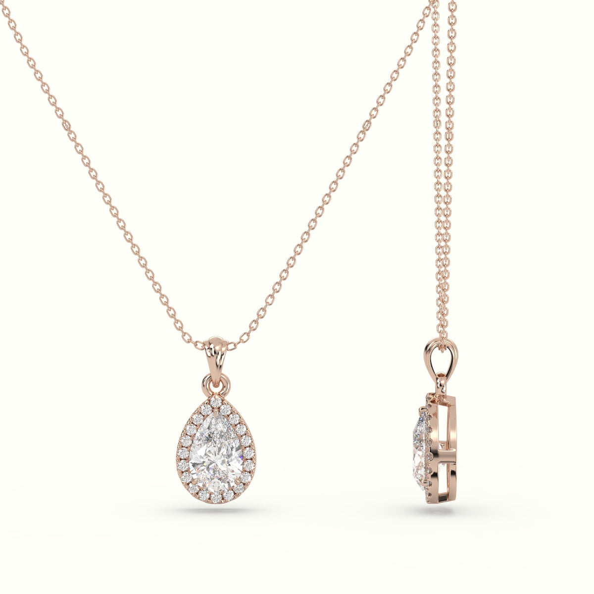Pear Cut Solitaire Halo Diamond Pendant — Rose Gold