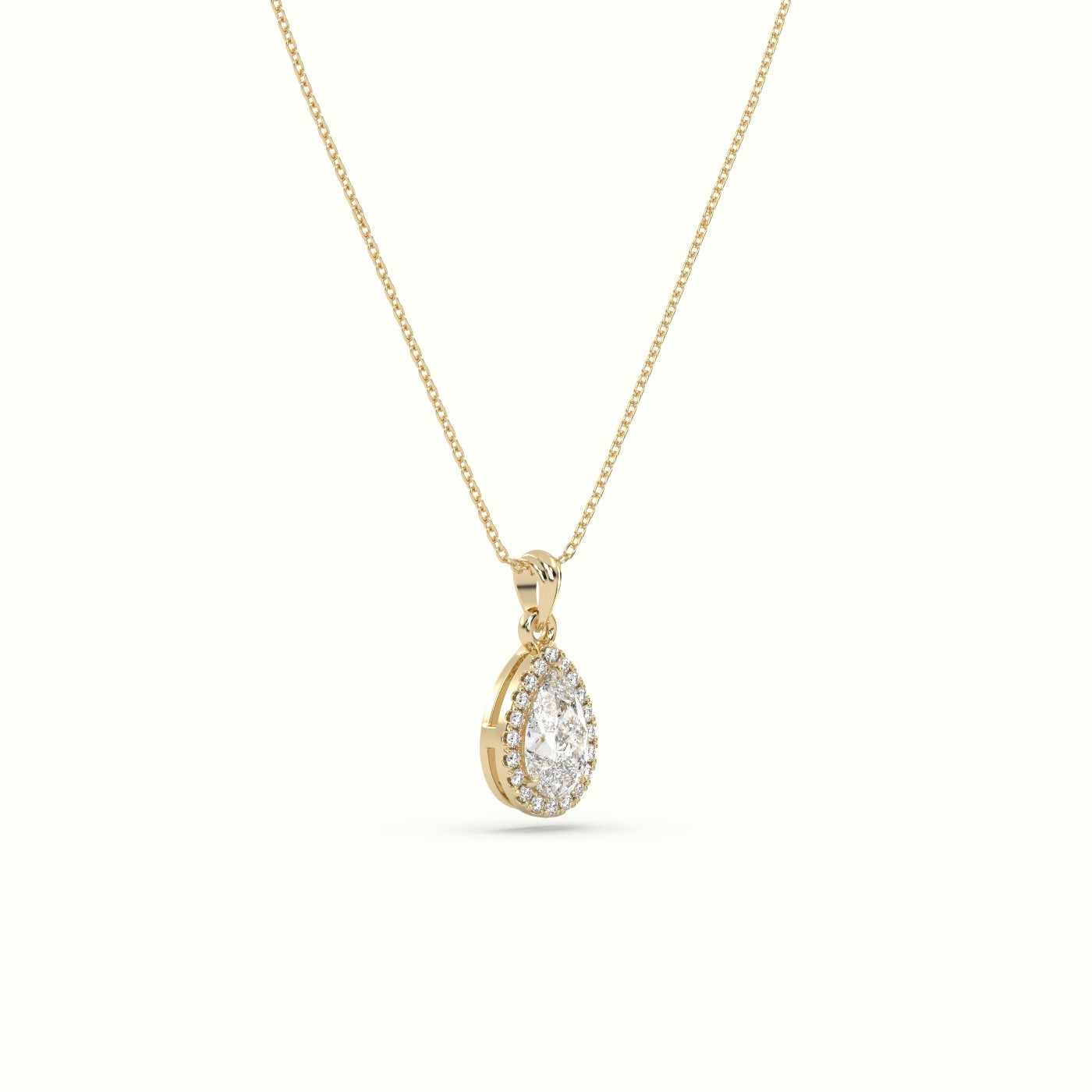 Pear Cut Solitaire Halo Diamond Pendant — Yellow Gold