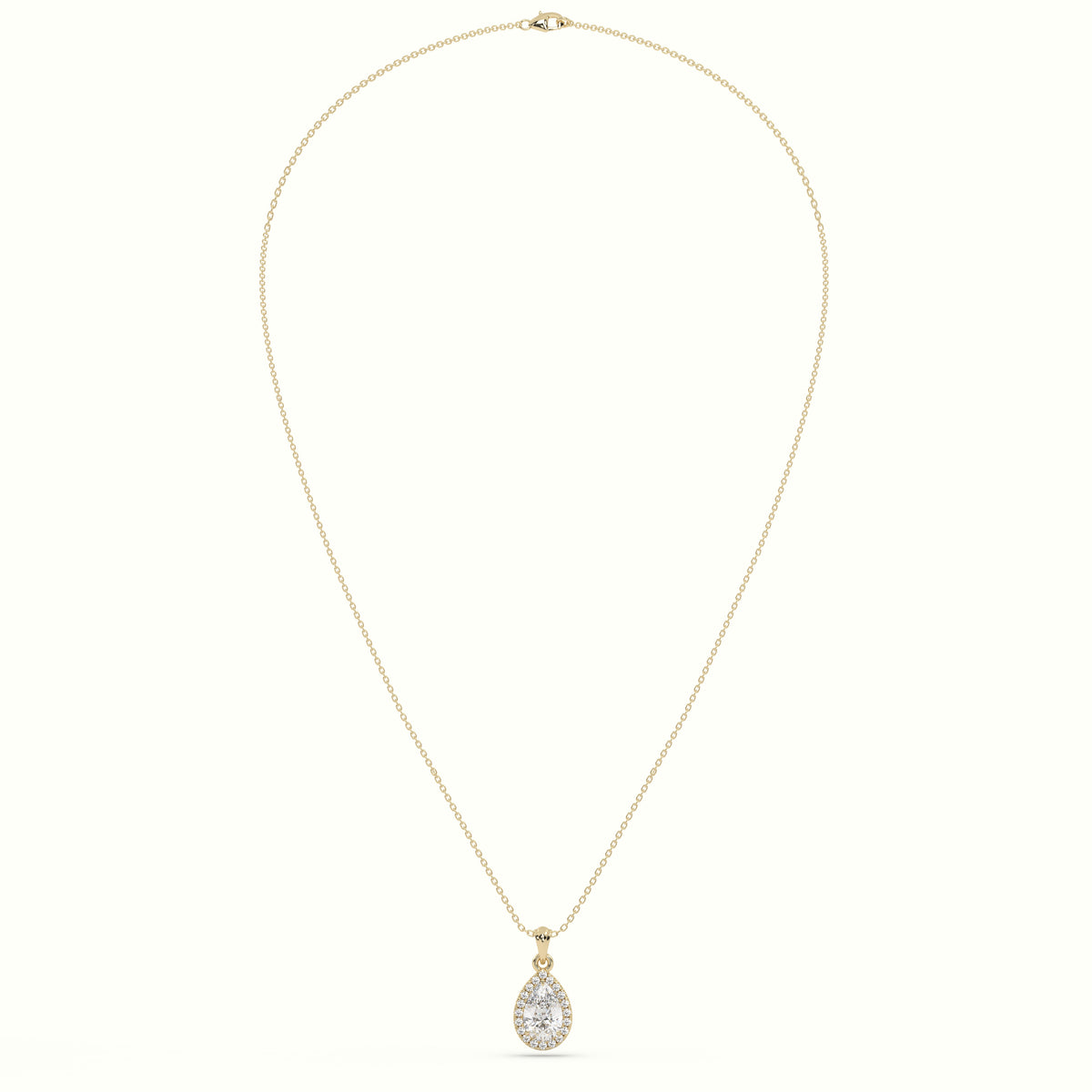 Pear Cut Solitaire Halo Diamond Pendant — Yellow Gold