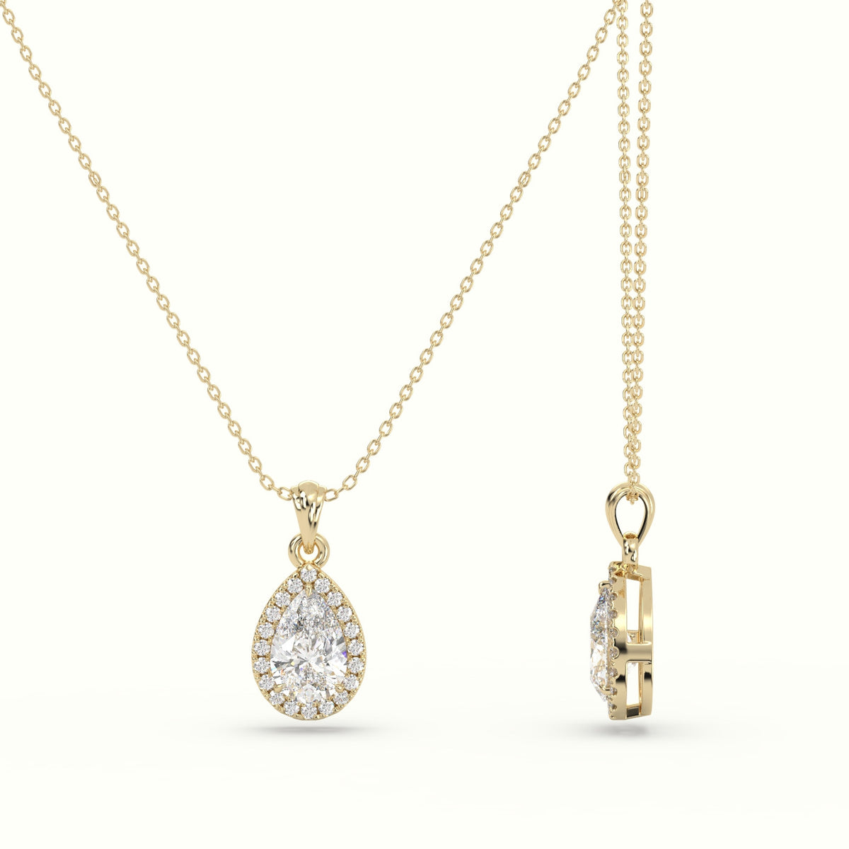 Pear Cut Solitaire Halo Diamond Pendant — Yellow Gold