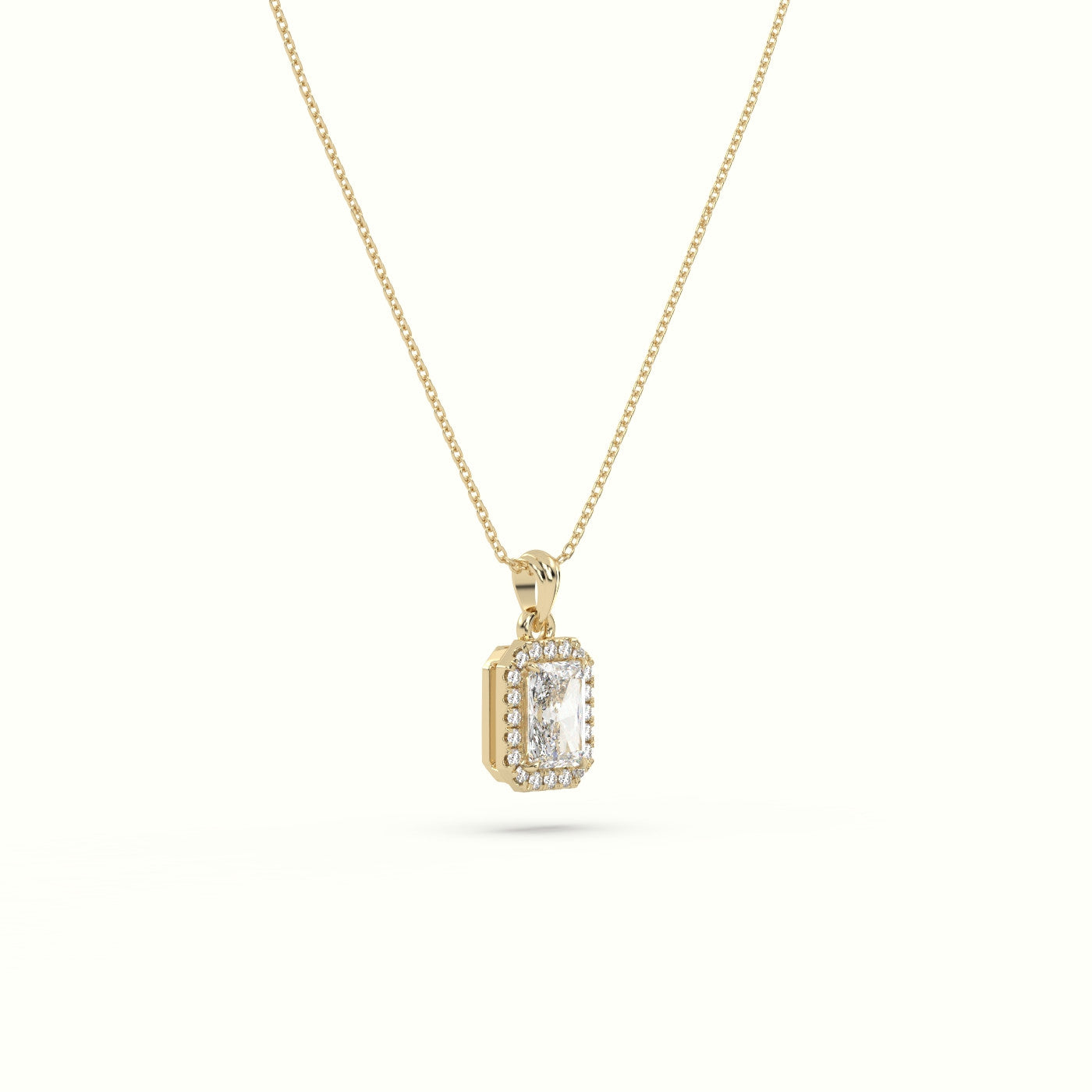 Radiant Cut Solitaire Halo Diamond Pendant — Yellow Gold