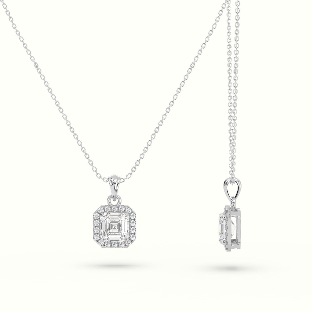 Ascher Cut Solitaire Halo Diamond Pendant — White Gold