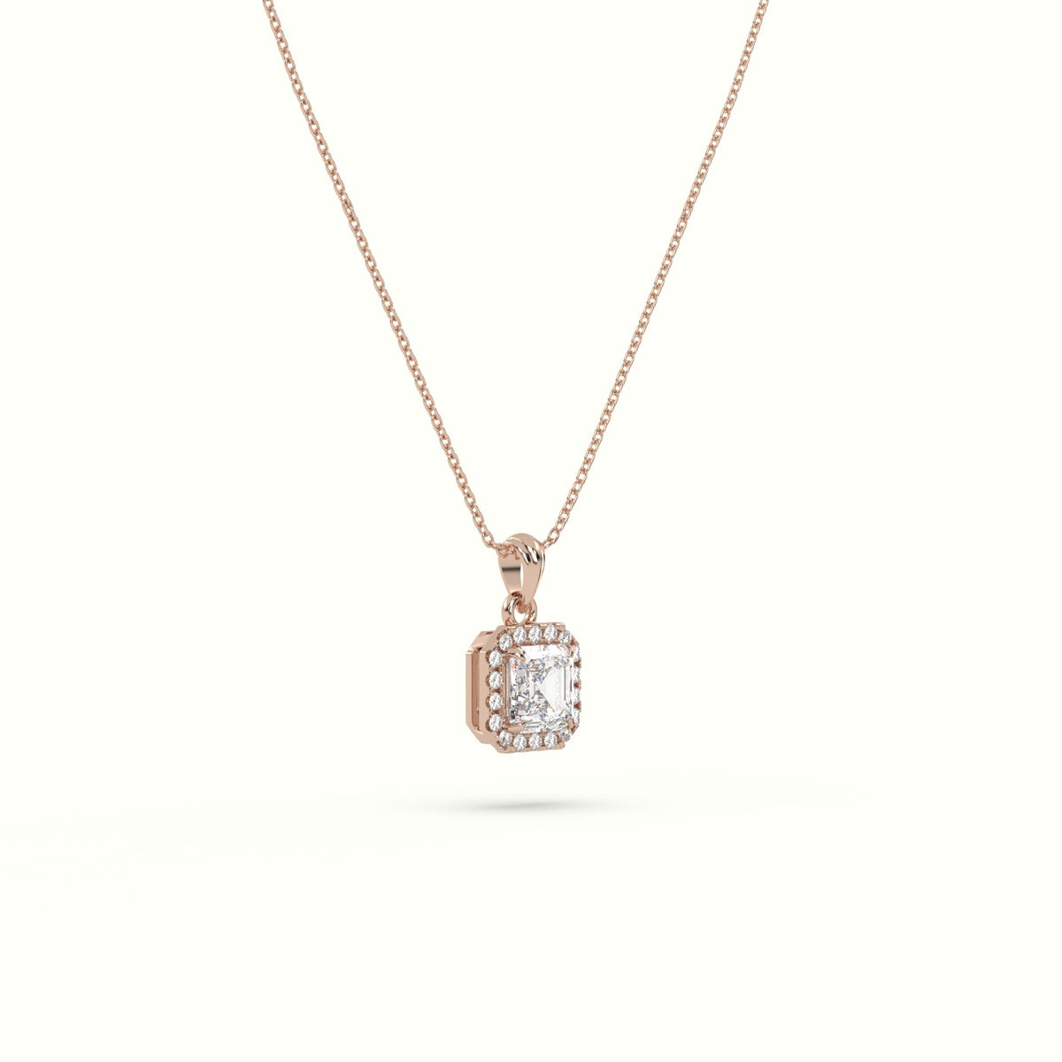Ascher Cut Solitaire Halo Diamond Pendant — Rose Gold