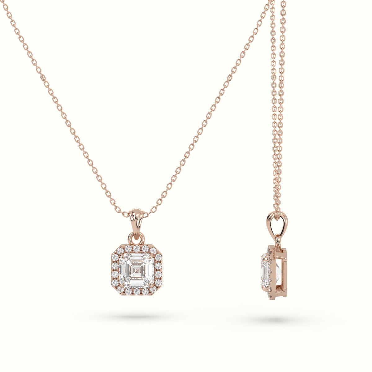 Ascher Cut Solitaire Halo Diamond Pendant — Rose Gold