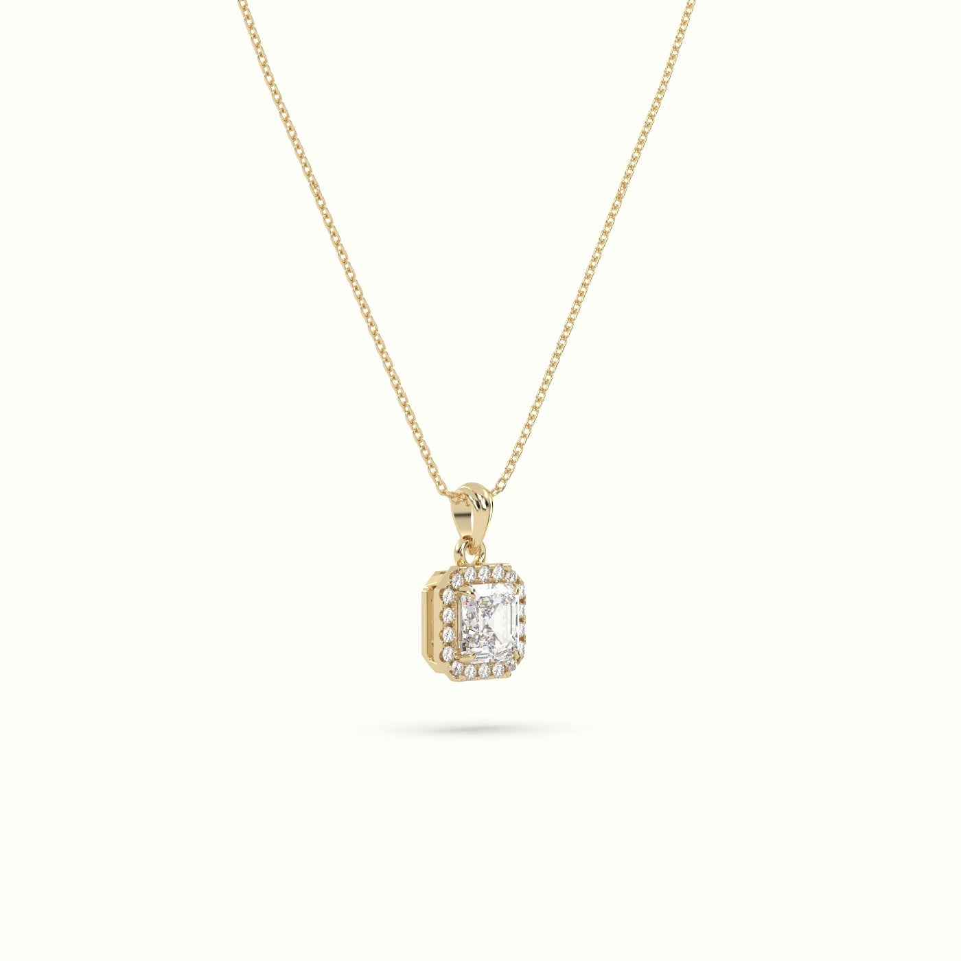 Ascher Cut Solitaire Halo Diamond Pendant — Yellow Gold
