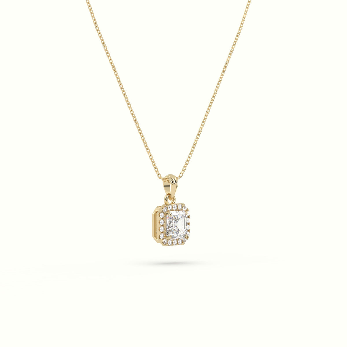 Ascher Cut Solitaire Halo Diamond Pendant — Yellow Gold
