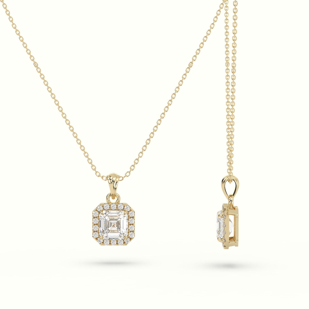 Ascher Cut Solitaire Halo Diamond Pendant — Yellow Gold