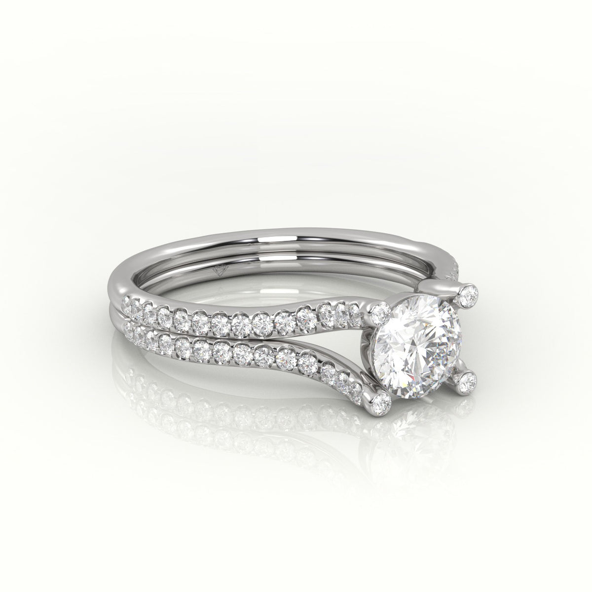 Round Cut Diamond Scallop Setting Designer Engagement Ring — White Gold