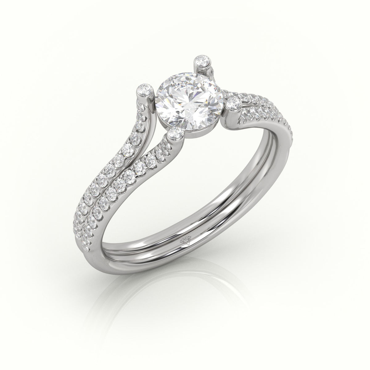 Round Cut Diamond Scallop Setting Designer Engagement Ring — White Gold