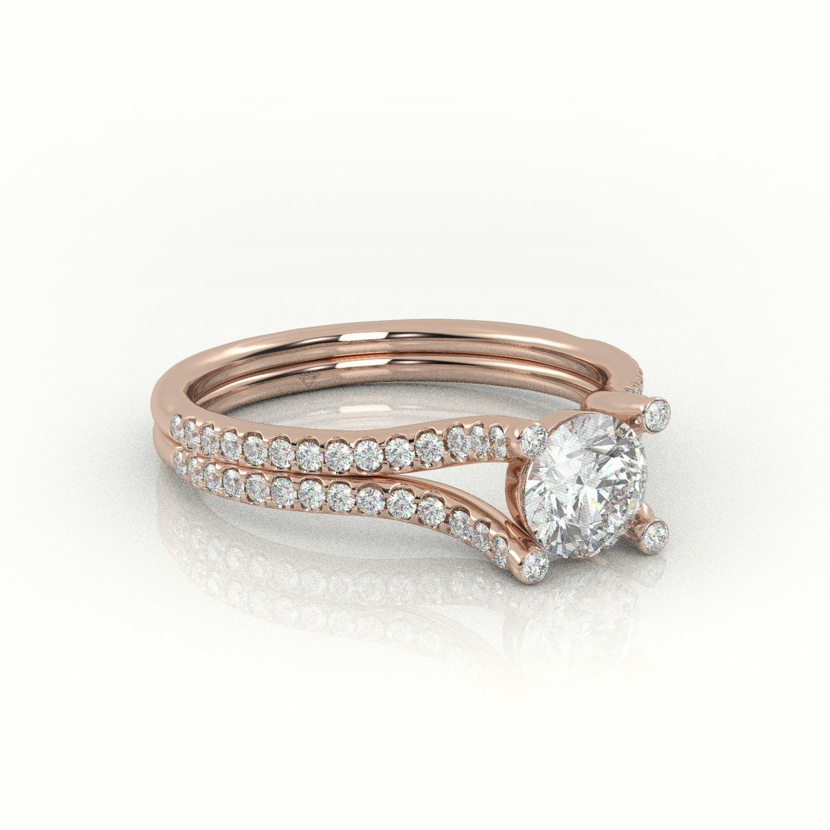 Round Cut Diamond Scallop Setting Designer Engagement Ring — Rose Gold