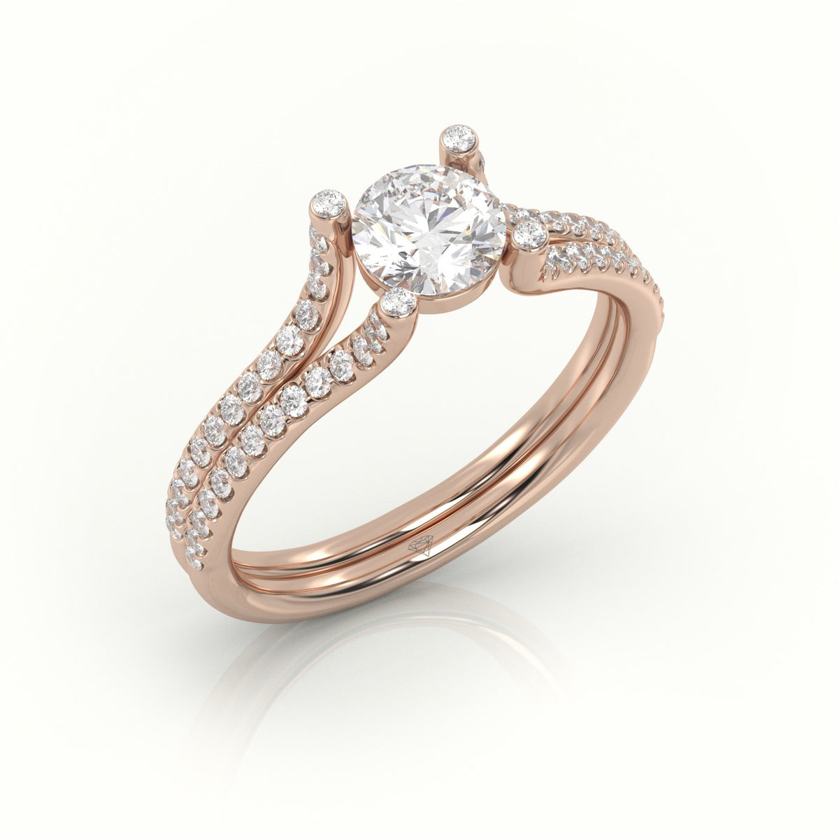 Round Cut Diamond Scallop Setting Designer Engagement Ring — Rose Gold