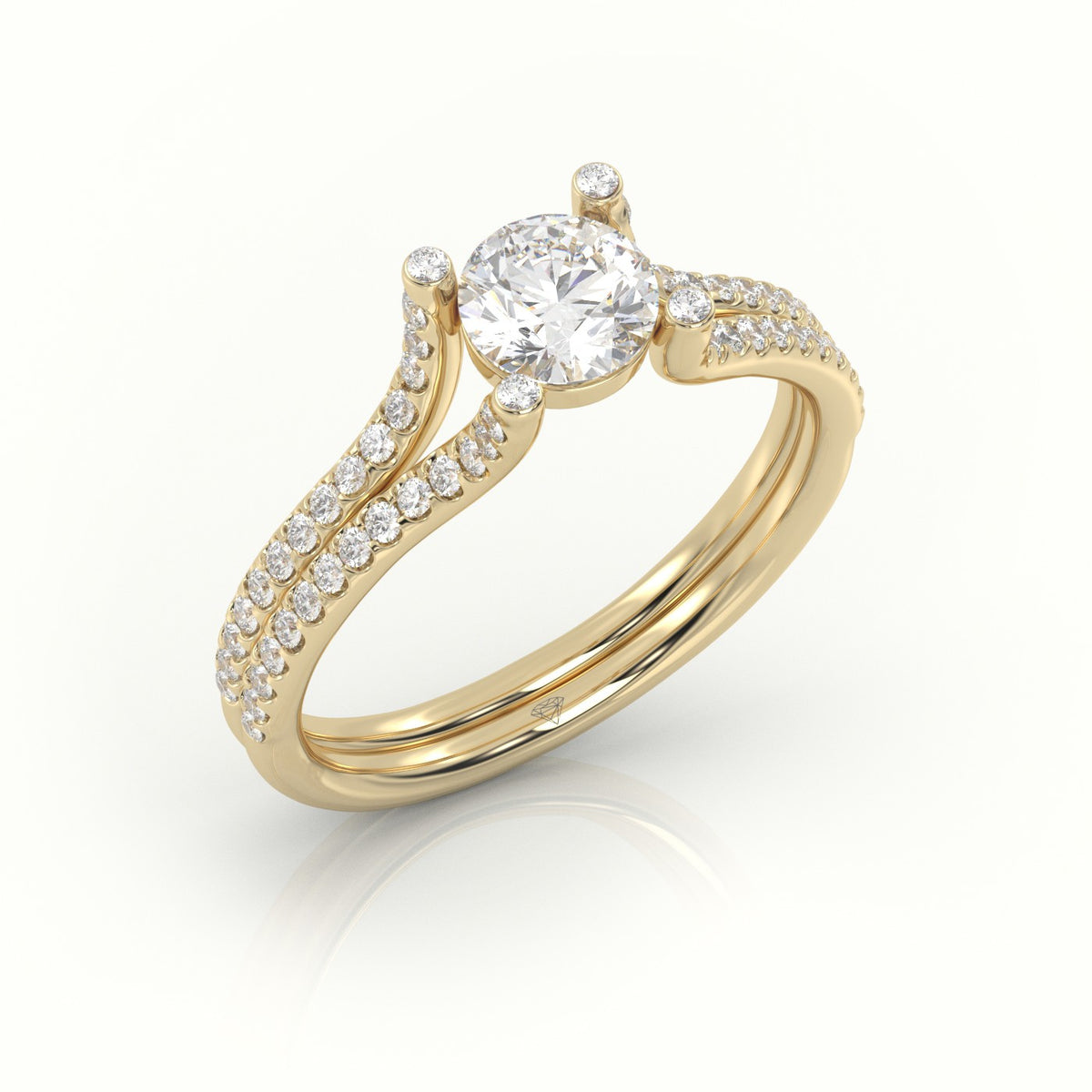 Round Cut Diamond Scallop Setting Designer Engagement Ring — Yellow Gold