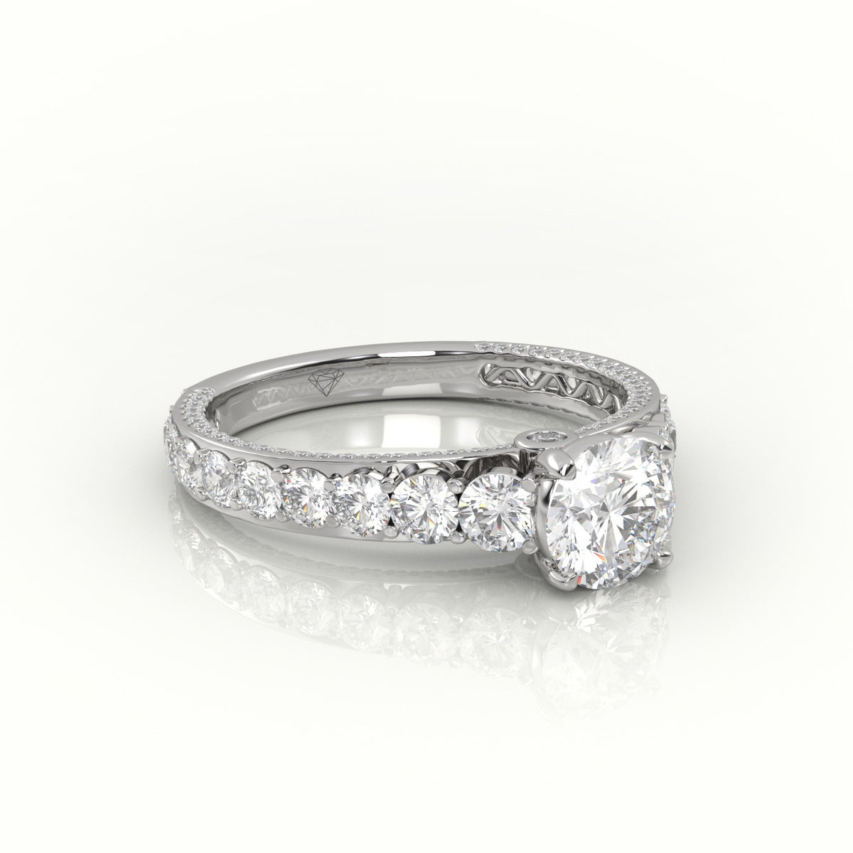 Round Cut Diamond 4 Prongs Pave Setting Engagement Ring — White Gold