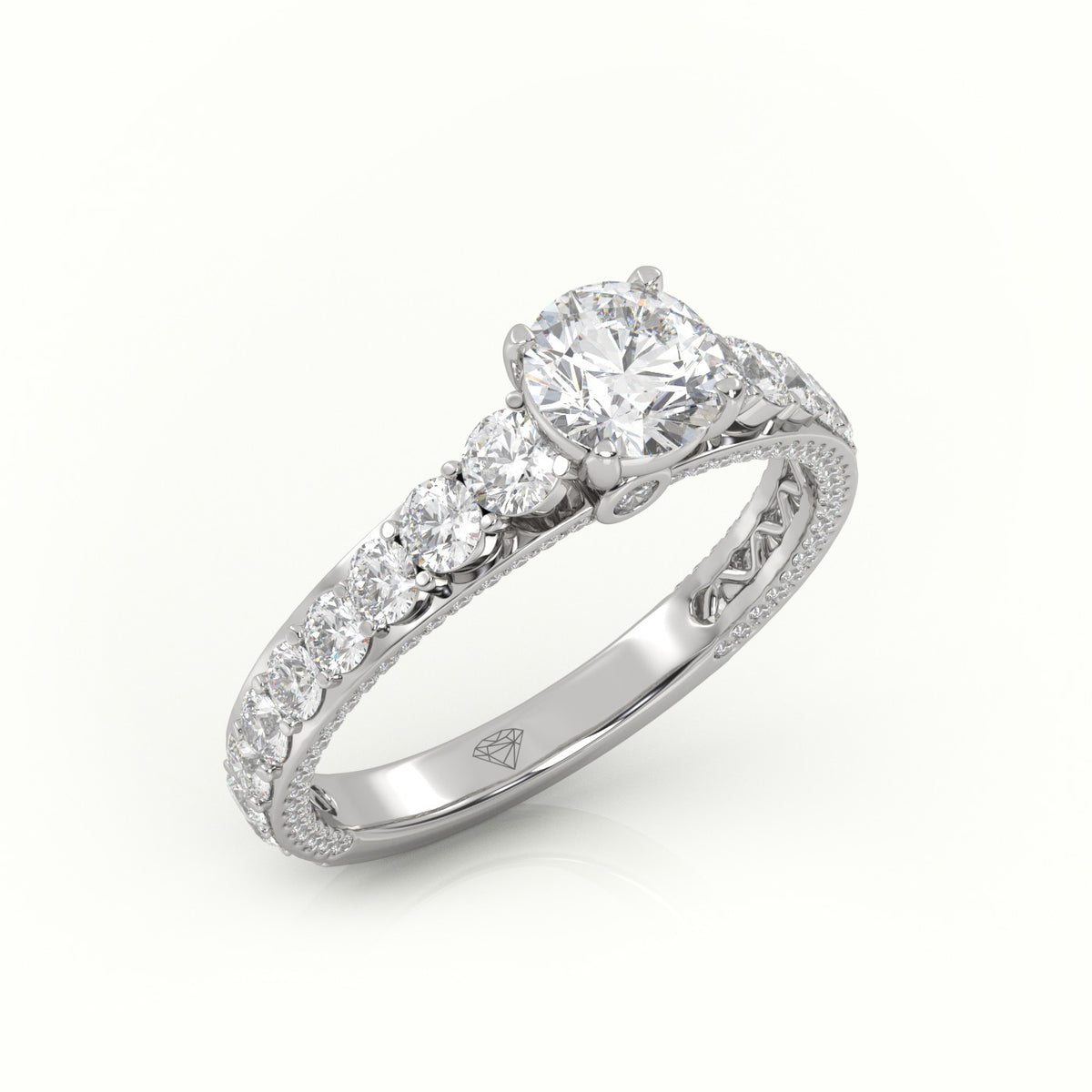 Round Cut Diamond 4 Prongs Pave Setting Engagement Ring — White Gold