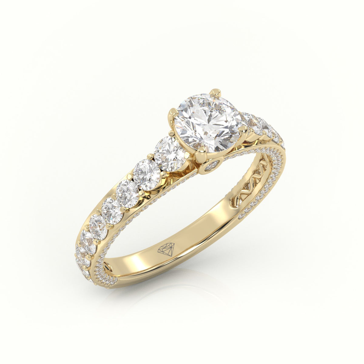 Round Cut Diamond 4 Prongs Pave Setting Engagement Ring — Yellow Gold