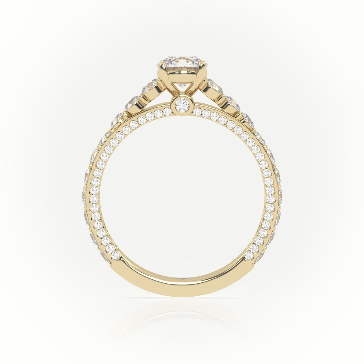 Round Cut Diamond 4 Prongs Pave Setting Engagement Ring — Yellow Gold